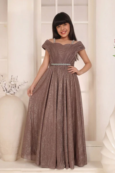 Fawn Shimmer Off-Shoulder Party Gown for Girls